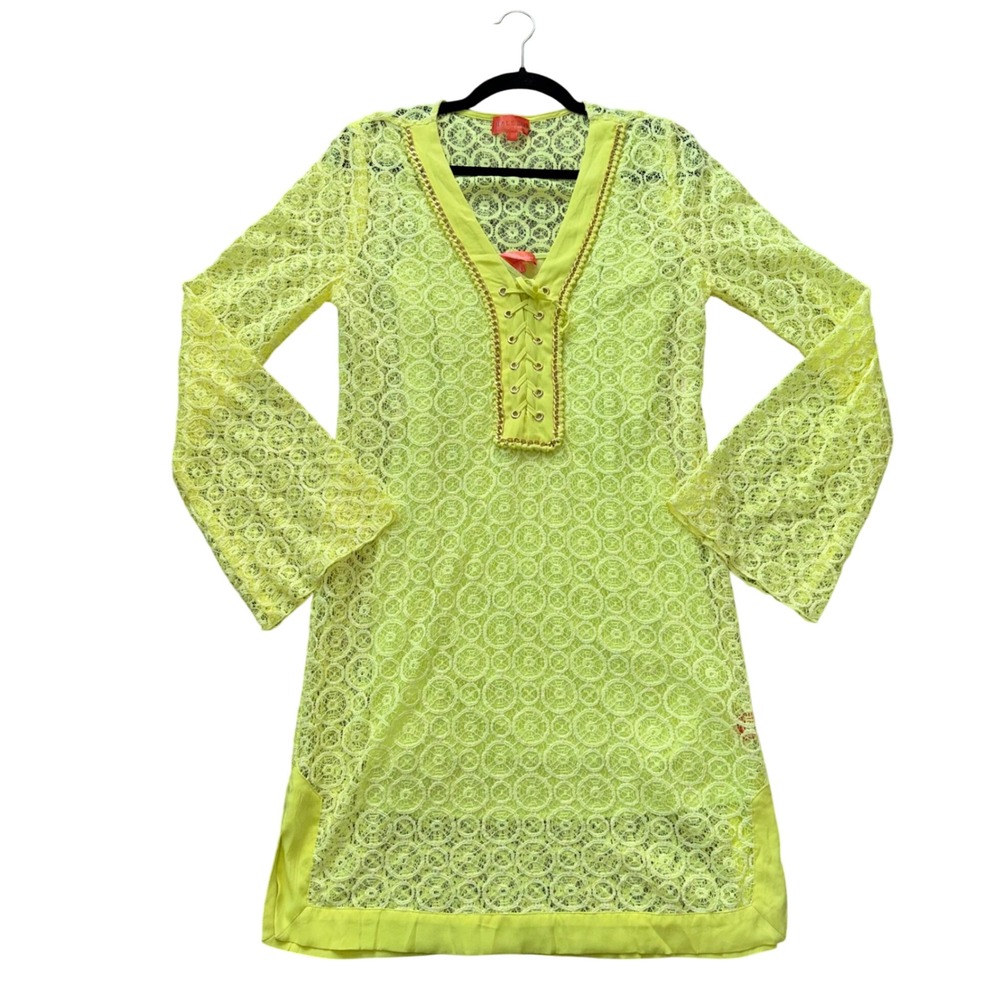 Hale Bob Cabana Tunic Dress Womens M Neon Yellow Lace Chain Lace-Up Excellent